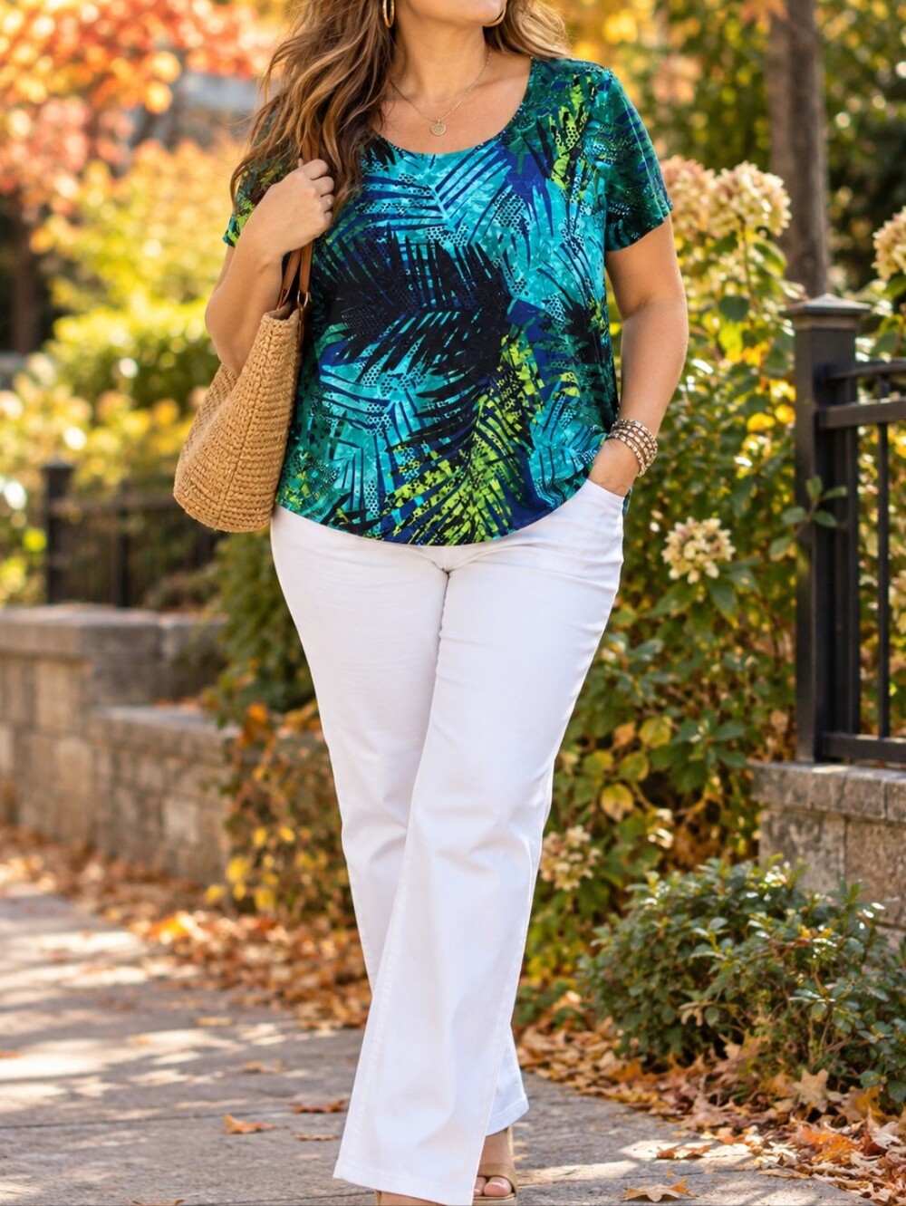 TanJay Tropical Abstract Print Stretch Top Green Blue Black Short Sleeve Casual